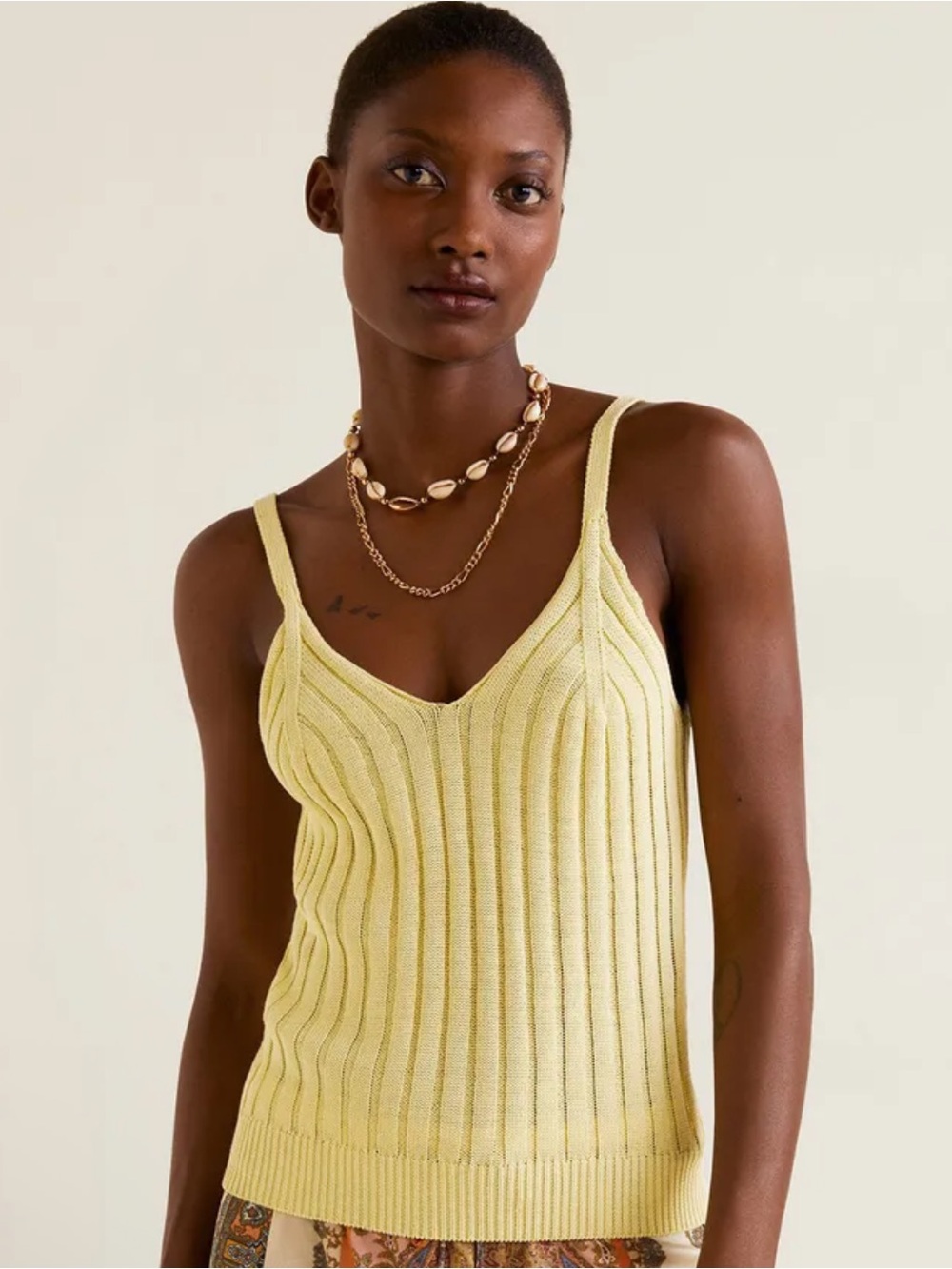 Mango Ribbed V-Neck Knit Tank in Light Yellow